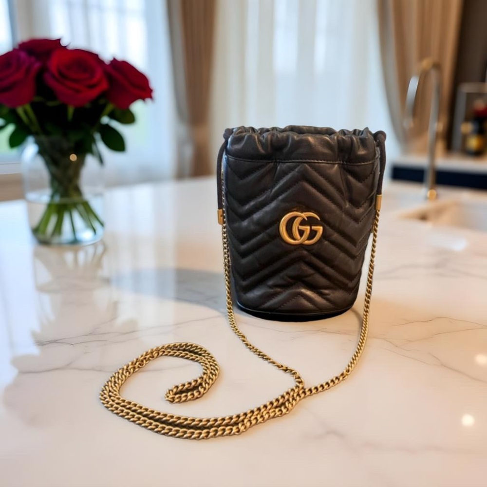 Gucci Marmont Quilted Calfskin Leather Matelasse Mini Bucket Bag with Gold Chain